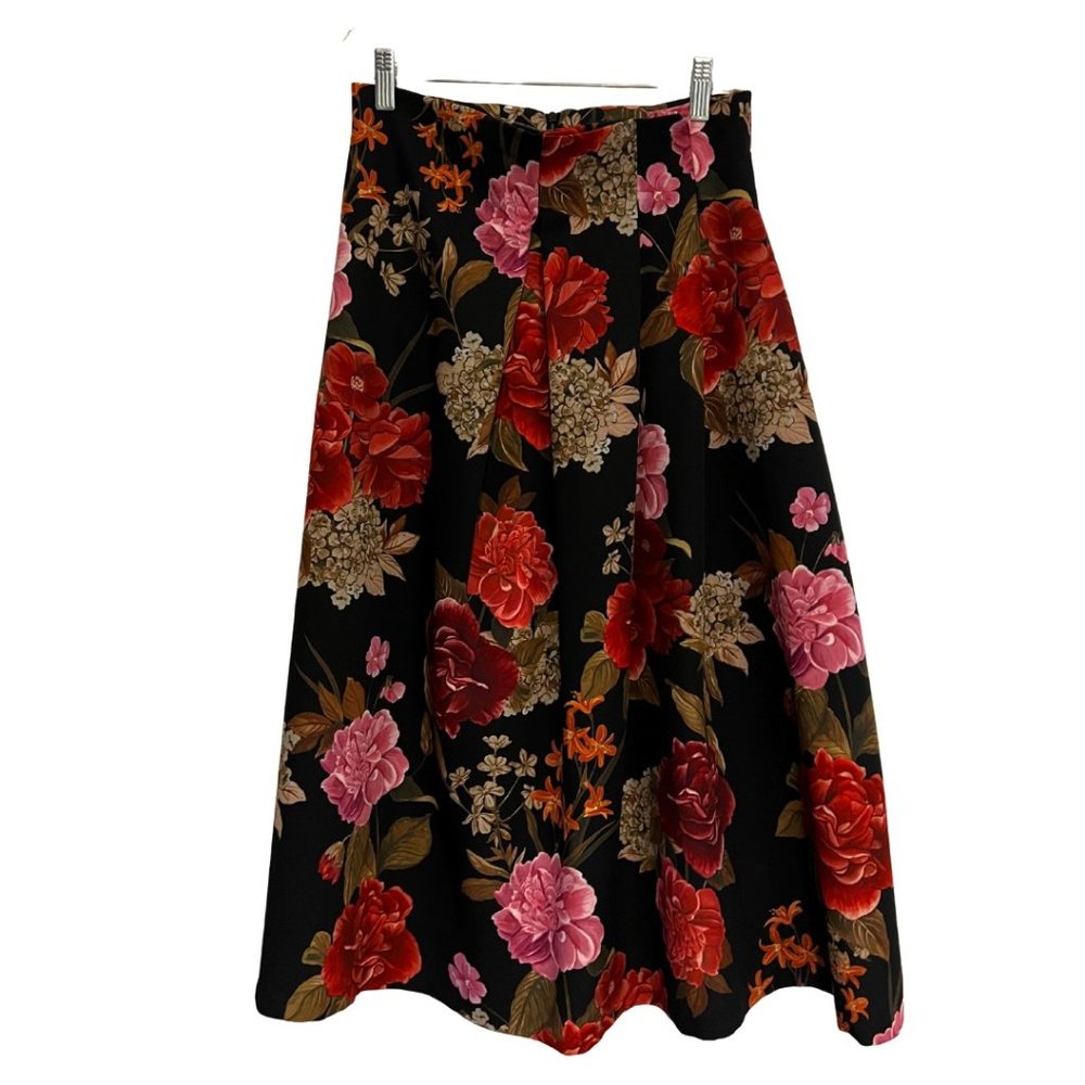 ZARA Tea Length full pleated floral front skirt Size M